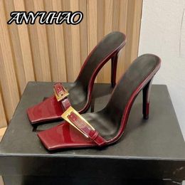 Slippers Sexy Genuine Leather Square-Toe Super High Heel Woman Belt-Buckle Decora Stiletto Ladies Night Club Pumps Botas Mujer