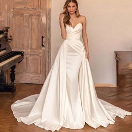 Elegant Pleat Satin Wedding Dresses Lace Up Bridal Gowns Sexy V-Neck Bride Robes Robe De mariage 0605