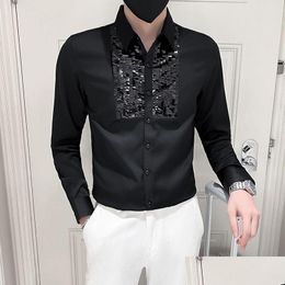 Mens Dress Shirts Design Shirt Man White Black Long Sleeve Tuxedo Front Sequins Slim Fit Top Clothes Wedding Party Blouse 230707 Dro Dhitm