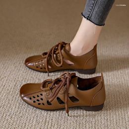 Casual Shoes Summer Round Toe Women Retro Sandals Outdoor Comfort Ladies Fashion Hollow Breathable Woman Lace Up Daily Flats