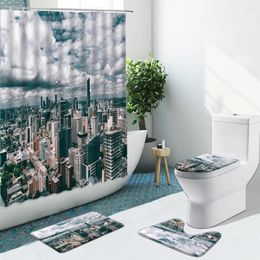 Shower Curtains City Architectural Scenery Curtain Building Night View Bathroom Set Anti-Slip Rugs Toilet Cover Bath Mat Decor