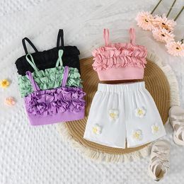 Clothing Sets Pixie Baby Girl Summer Outfits Cute Sleeveless Ruffle Tops Crochet Flower Shorts Set Toddler 2Pcs Clothes 6M-4T