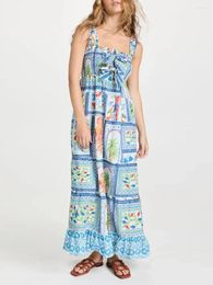 Casual Dresses Women Boho Maxi Dress Tropical Print Square Neck Sleeveless Tank Vintage 00s Tiered Ruffled A-Line Beach