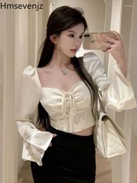 Women's Blouses Lace Spliced Satin Flare Sleeves Square Neck Shirt Women Tops Spring French Long Sleeve Slim Fit Short Clothing