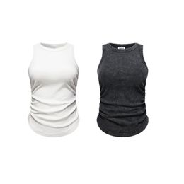 Black Tank Top Women T-Shirt Tops Tees Crop Top Tank Top Sexy Shoulder Casual Sleeveless Top 315g Washed short pleated Hem Arc-shaped Solid Colour sport vest