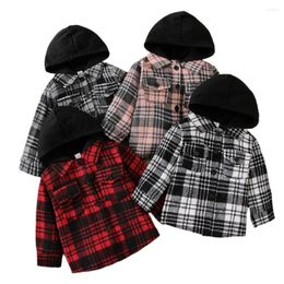Jackets Children's Spring Autumn Hooded Chequered Long Sleeved Shirts Baby Boys And Girls Single Breasted Pocket Coat Kids Top Wear