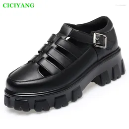 Casual Shoes CICIYANG Roman Sandals Ladies Genuine Leather 2024 Summer Women Cutout Protection Toe Platform Plus Size 42 43 Black
