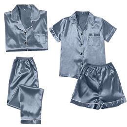 4PCS Women's Blue Pamas Sets Silk Top Pant Long sleeve Solid Button-Down Pyjamas Satin Set Nightgown Ladies Sleepwear Sleepwear