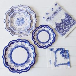 Disposable Dinnerware Chinese Style Blue And White Porcelain Paper Plate Retro Party Wedding Lace Festive Dinner