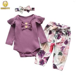 Clothing Sets Fashion Born Infant Baby Girl 3PCS Knitted Long Sleeve Bodysuit And Floral Pants With Bow Headband Outfit