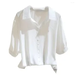 Women's Blouses Solid Colour Blouse Stylish Summer Collection Lapel Collar Half Sleeve Tops Loose Fit Button For Work