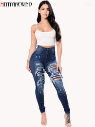 Women's Jeans High Waisted Ripped Women Moto Biker Cotton Denim Pencil Pants Stretch Skinny Hole Trousers Large Size