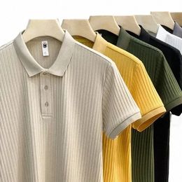 new Stripe Silky Knitted Polo Shirt Short Sleeve Fi Summer Top Fi Polo Neck Men's T-shirt Men Clothing Tshirts for Men G82T#