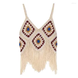 Women's Tanks Women Boho Crochet Sleeveless Crop Top With Fringe Tassels Hem Sexy V-Neck Multicolor Diamond Plaid Knit Camisole Vest N7YF