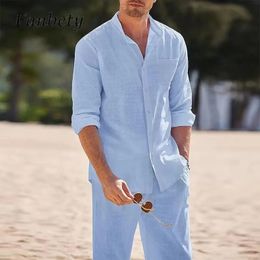 Casual Cotton Linen Men Two Piece Set Autumn Solid Colour Long Sleeve Shirt And Long Pant Set Holiday Beach Loose Mens Outfits 240530