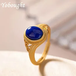 Cluster Rings Creative Design Ancient Gold Craft Hollow Inlaid Lapis Lazuli Oval Ladies Ring Open Chinese Style Vintage Exquisite Jewelry