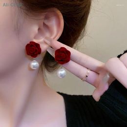Stud Earrings Wine Red Pearl Rose Flower Retro Wedding Ear Studs Chinese Year Jewellery Earring