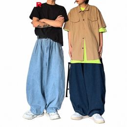 2024 New Men Jeans Mid-rise Elastic Waistband Baggy Jeans Solid Colour Hip Hop Wide Leg Denim Pants Mid-rise Pockets Retro Jeans L3Lb#