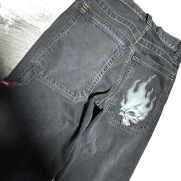 streetwear JNCO Jeans Y2K Mens Harajuku Hip Hop Retro Skull Graphic Baggy Jeans Black Pants Punk Rock Gothic Wide Leg Trousers i1Tj#