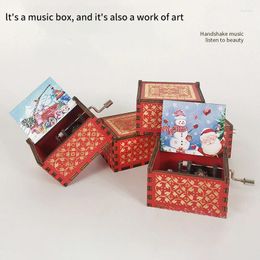 Decorative Figurines Red Merry Christmas Theme Music Box Carving Wooden Hand Crank Decoration Home Birthday Gift