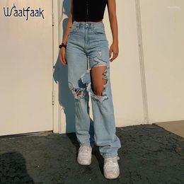 Women's Jeans Waatfaak Cut Out Ripped Blue Baggy 90s Aestietic High Waisted Women Straight Leg Cargo Pants Cotton Streetwear