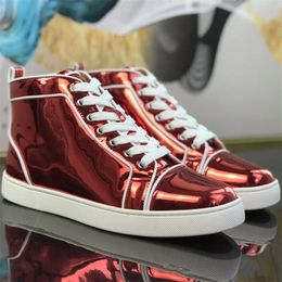 Fashion Brands Shiny Genuine Leather Red Bottoms High Tops Platform Shoes For Mens Casual Flats Loafers Womens Tennis Sneakers 240606