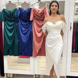 Party Dresses Solid Elegant Evening Pleated Off Shoulder Side Slit Ankle Length Prom Dress Bridesmaid Backless For Wedding Gowns