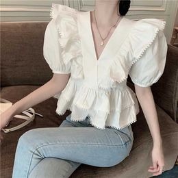 Women's Blouses Shirts New 2020 Summer Sweet Womens Tops and Blouses Ladies Puff Sleeve Layered Ruffles Blouse Blusas Sexy V-Neck Slim Short Shirt Tees S2460655