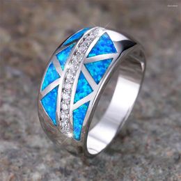 Wedding Rings Geometric Blue Opal White Zircon Small Stone For Women Vintage Silver Colour Band Engagement Jewellery Couples Gifts
