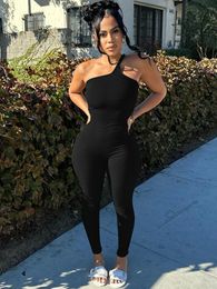 Dulzura Black Sleeveless One Shoulder Ribbed Jumpsuit Women Bodycon Sexy Streetwear Outfits Club Fall Winter Wholesale Rompers 240527