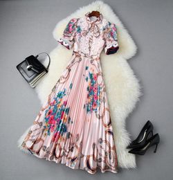 2020 Summer Short Sleeve Round Neck Pink Blue Floral Print Lace Ribbon Tie Bow Pleated MidCalf Dress Elegant Casual Dresses LJ12004012