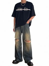 jeans Men Fi Vintage Wed Gradient Color Raw Edge Hole Baggy Denim Trousers Autumn Korean Style High Street Full Length d4Qb#