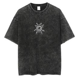 Men Women Washed T Shirt Black Japanese Anime Print Short Sleeve T Shirt Summer Oversized Vintage T-Shirt Harajuku Cotton Tees 240529