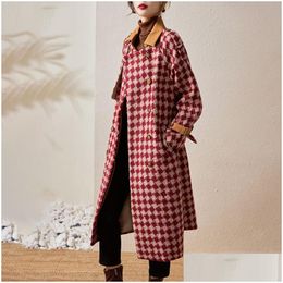 Womens Plus Size Outerwear Coats De-41N358 Autumn And Winter Coat Dress Classic Plaid Thickened Vintage Woollen Fake Two Piece Set D Dhhaz
