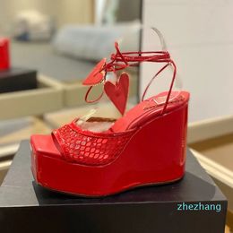 Sexy Super Heels Designer Wedges Sandals Women Shoes Strappy Patent Leather Mesh Platform Shoes Femme
