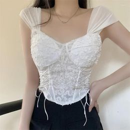 Women's Tanks Women Lace Patchwork Sexy Crop Tops With Bra Pad Irregular Solid Sweet Bandage Tank Backless Pleated Camis Spring Summer