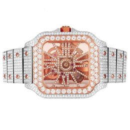 Master Of Bling Mens Skeleton Square Dial Stainless Steel Hip Hop Two Tone Rose Gold Watch