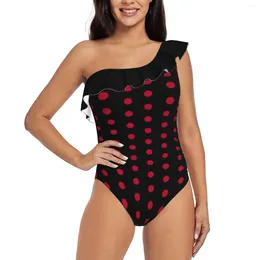Women's Swimwear Black With Red Polka Dot Dress One Shoulder Ruffle Swimsuit Print Female Piece Monokini Bathing Suit
