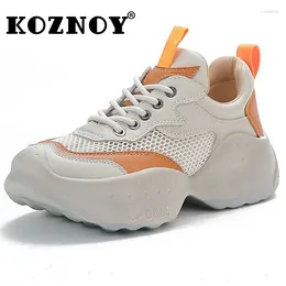 Casual Shoes Koznoy 5cm Air Mesh Genuine Leather Chunky Sneaker Comfy Booties Breathable Women Summer Mixed Colour Ankle Boots Flats
