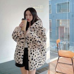 QNPQYX Winter Faux Fur Hooded Coat Women Korean Cute Leopard Print Bear Ear Cap Warm Jacket Casual Loose Plush Overcoat Female Hixen
