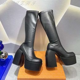 Designer Stretch Damen-Plattform Chunky Heel Knie hohe Stiefel dickes Boden Leder sexy Slip-on-Schuhe Botas