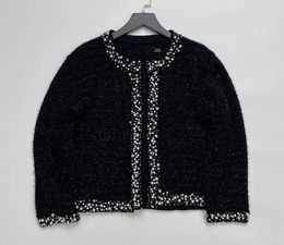 Women's Knits Design Women Fashion Black Handmade Beading Long Sleeve Cardigan Coat Elegant Lady All Match O-neck Jacket Sweater Shawl Top