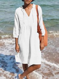 Casual Dresses Summer Halter Beach Dress Women Solid Colour Three Quater Sleeve V-neck MIDI Women's Cotton Linen Holiday Vestidos
