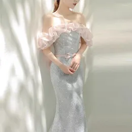 Party Dresses Gorgeous Light Grey Blue Evening Mermaid Off Shoulder Shining Luxury Beaded Sequins Pink Organza Wedding Prom Gown