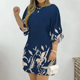 Casual Dresses Mid-sleeve A-line Dress Women Printed Summer Leaf Print Mini For Spring Soft O Neck Half Sleeve