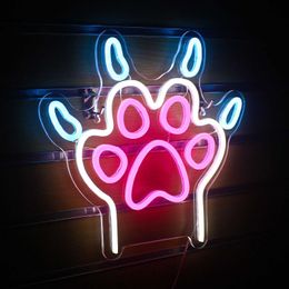 LED Neon Sign Dog Paw n Sign White Pink Led n Signs for Wall Decor Pet Store n Dog Paw Prints with Nails Bedroom USB Powered