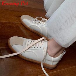 Casual Shoes Krazing Pot Brand Cow Leather Mixed Colour Round Toe Thick Bottom Sneakers Lace Up Breathable Women Vulcanised Ins