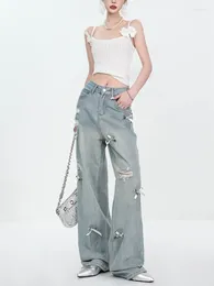 Women's Jeans Bow Tie Straight Ripped Women Vintage Hole Wide Leg Full Length Denim Pants Summer 2024 Casual