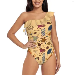 Women's Swimwear Leaves Dancing One-Piece Swimsuit One Shoulder Ruffle Sexy Monokini Girl Beach Fall Autumn Repeat