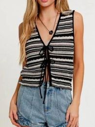 Women's Tanks Women Sleeveless Tie Knit Sweater Vest Hollow Out V-Neck Knitted Crochet Tie-up Front Crop Tank Top Y2k Streetwear